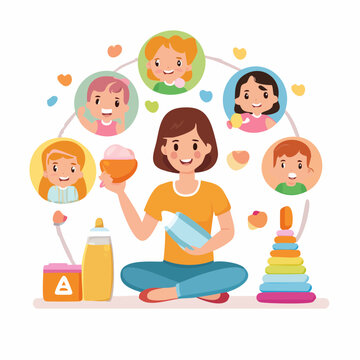 vector babysitter character set, caring for children, playing, feeding, childcare activities, interchangeable poses