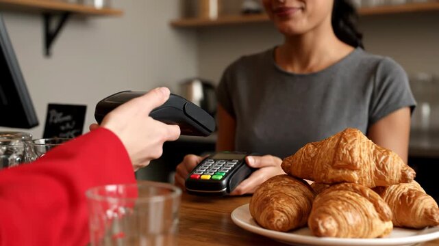Close-up of a customer wearing a red jacket using a handheld terminal to make a contactless payment at a cafe counter next to a plate of fresh croissants and a glass of water.