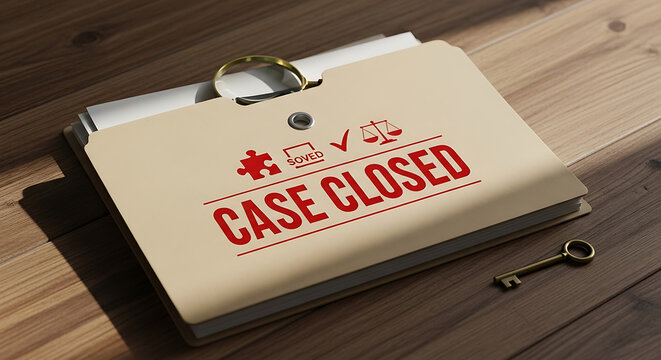 Official manila file folder with bold red case closed stamp on a rustic wooden table surface, representing a finished legal investigation, solved mystery, and concluded criminal inquiry file.