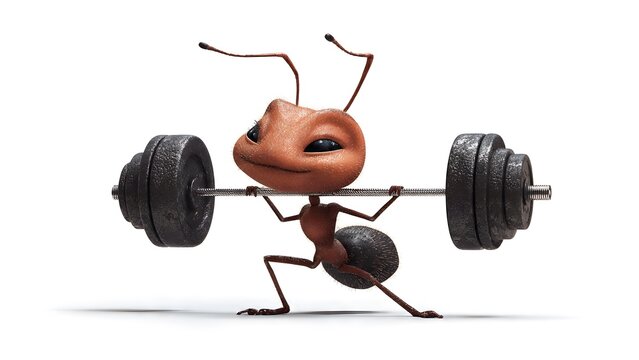 A determined cartoon ant lifting a barbell with weights on a plain white background