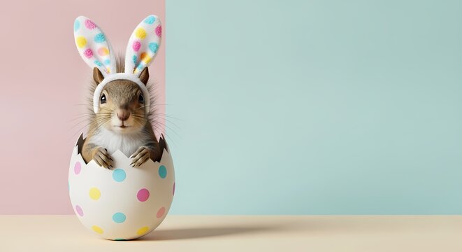 Squirrel Wearing Bunny Ears Inside a Polka Dot Egg