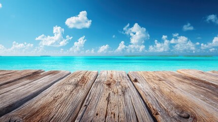 Fototapeta premium Wooden deck overlooking ocean with blue sky and white clouds background