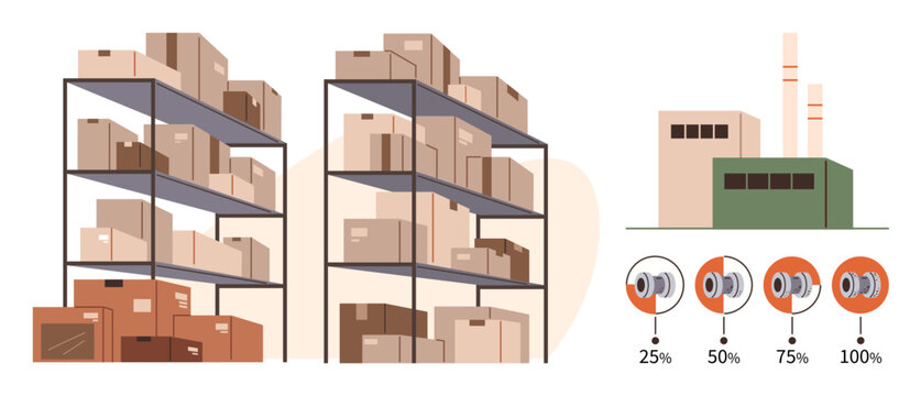 Logistics, supply chain, inventory organization, manufacturing, operational efficiency, productivity monitoring. Shelves with boxes, factory and production indicators. Inventory and supply chain