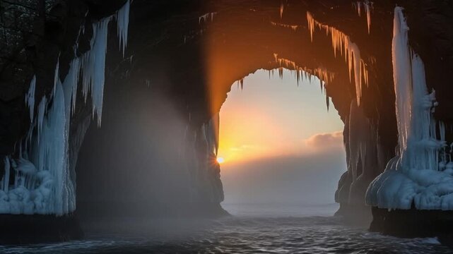 Winter solstice sunrise seen through a frozen sea cave with icicles and mist