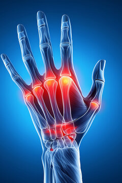 Human hand medical illustration showing finger joints and skeletal structure
