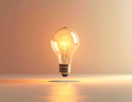 A glowing light bulb floats above a surface with a soft shadow below, symbolizing imagination and creativity in a surreal minimal concept.