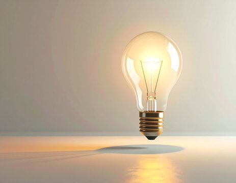 A glowing light bulb floats above a surface with a soft shadow below, representing imagination and creativity in a surreal minimal concept.
