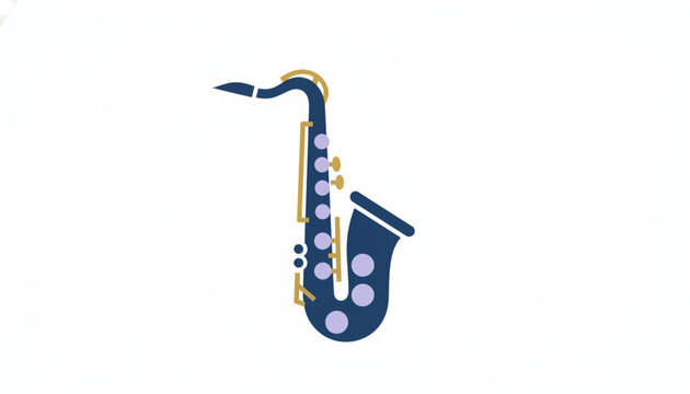 Stylized illustration of a dark blue saxophone with gold accents and light blue keys on a clean white background.