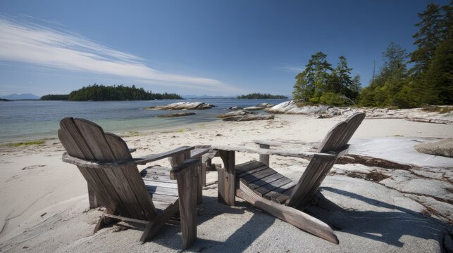 stiffening. Adirondack chairs on sunny beach shoreline, coastal vacation scene with ocean backdrop. tourism brochures.
