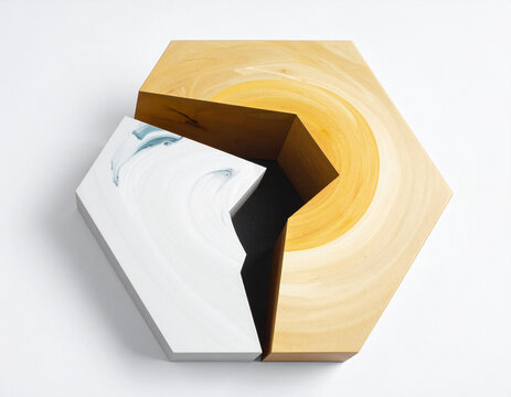 A wooden hexagonal object with a central gap and a marble piece on a white surface