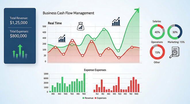 Digital financial dashboard illustrating strategic business cash flow management with real-time revenue growth visualization and dynamic expense tracking comparison analytics for profit success