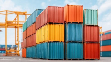 Fototapeta premium Colorful Stacked Cargo Containers Against a Blue Sky in a Busy Port Setting