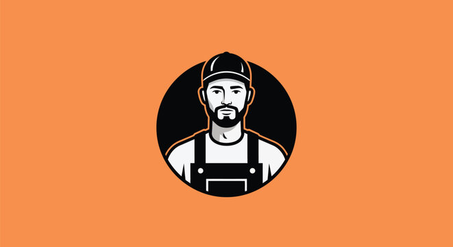 Bearded worker icon, laborer logo, male avatar, worker emblem, industrial symbol