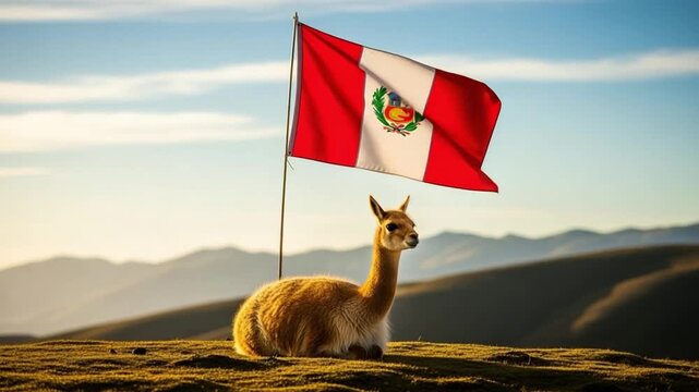 Vicuna Resting in Andean Highlands with Peruvian National Flag, South American Wildlife Heritage