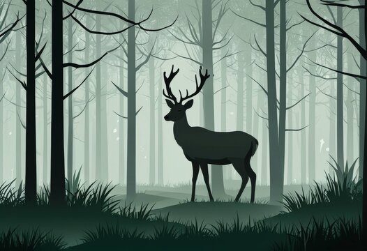Mystical morning mist forest and deer flat design background