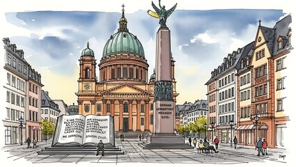 Fototapeta premium Watercolor Illustration of Gendarmenmarkt Square in Berlin, Germany.