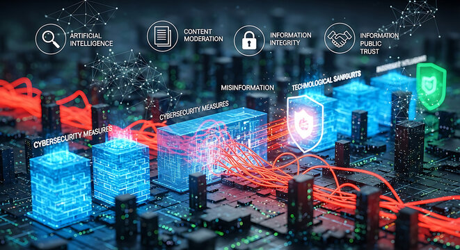 Advanced artificial intelligence generating sophisticated misinformation campaigns necessitating robust digital cybersecurity measures and proactive content moderation for online security.