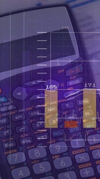 Scientific calc on desk, purple overlay appearing and animating bars, labels, wave for education