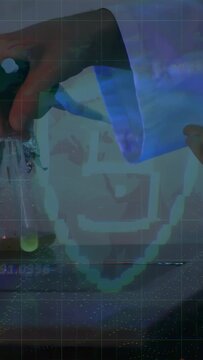 Vertical video: Lab tech reaching in holding vial, grid shield overlay marking droplet for lab test