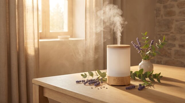 Aroma essential oil diffuser with mist and lavender on table