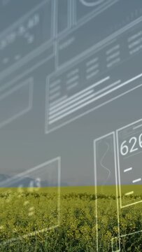 Vertical video: On start HUD panels sliding across sky above yellow field, revealing crop metrics