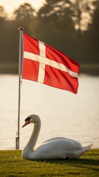 Danish National Symbols with Mute Swan and Dannebrog Flag by Lake