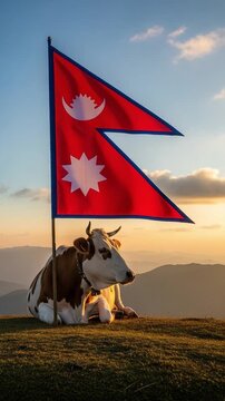 Sacred cow resting on a mountain ridge with a double triangular national flag at golden hour