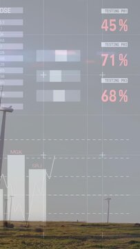 Vertical video: Wind turbine left third HUD appearing gauge falling charts shifting tracking energy