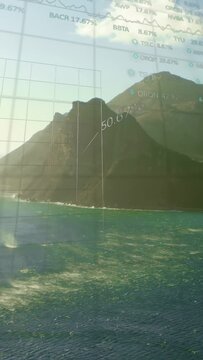 Camera shifting through glass, showing market bars and % labels over mountain visualizing trends