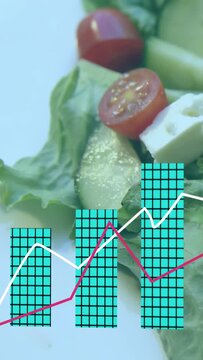 Camera pulling back revealing composed salad, animated bars entering lower third showing nutrition