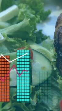 Salad remaining on plate while data overlay appearing from bottom, bars rising for food marketing