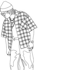 Fototapeta premium continuous line art of a trendy man with dreadlocks wearing a plaid shirt, beanie, and glasses looking downward stylishly.