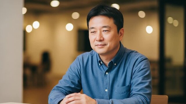 Mature Asian Male Executive Sitting in Modern Office with Compassionate Expression