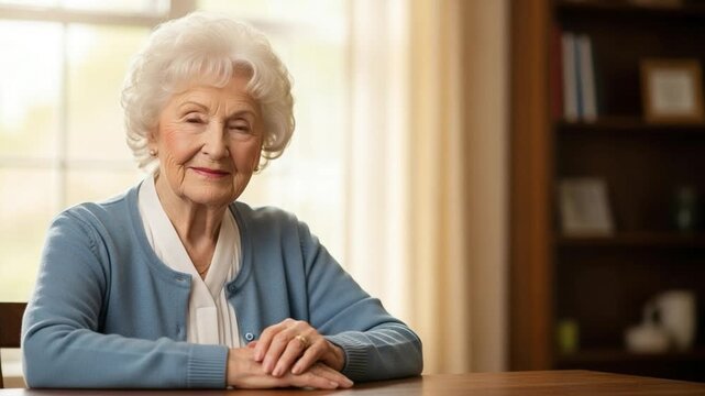 Smiling senior woman with white hair sitting at home, independent living concept
