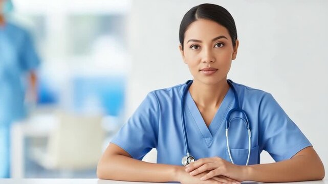 Young Asian female nurse practitioner in blue scrubs providing telehealth consultation