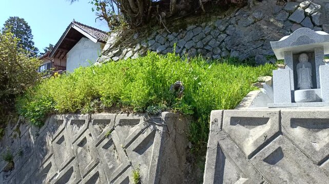 Jizo Statue and Traditional Japanese House in a Peaceful Rural Village
