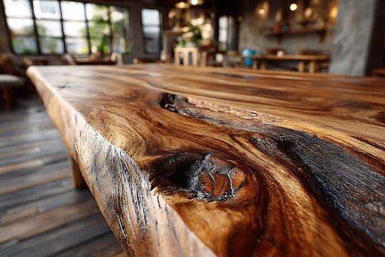 Close-up of a rustic live edge wooden table with prominent knots and natural grain patterns