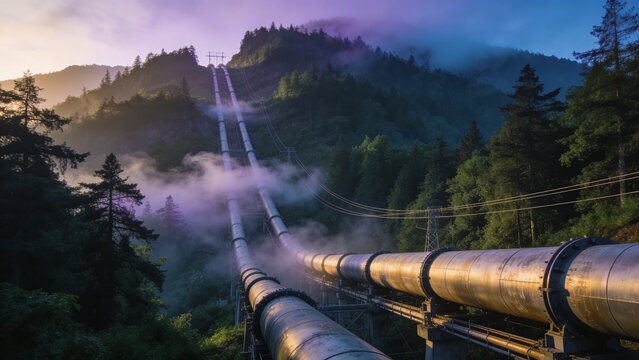 Hydroelectric Penstock Lines on Forested Mountain Slope at Dawn With Powerful Silhouetted Engineering Forms