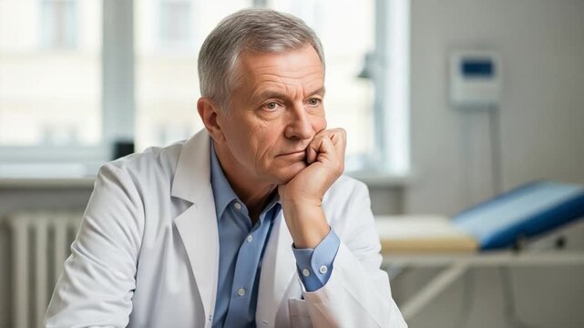 Pensive senior male physician in white coat experiencing burnout in medical clinic office