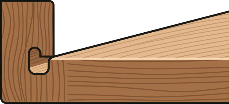 Close-up cross-section illustration of two wooden pieces joined with a dado or rabbet joint, showing wood grain and construction detail.