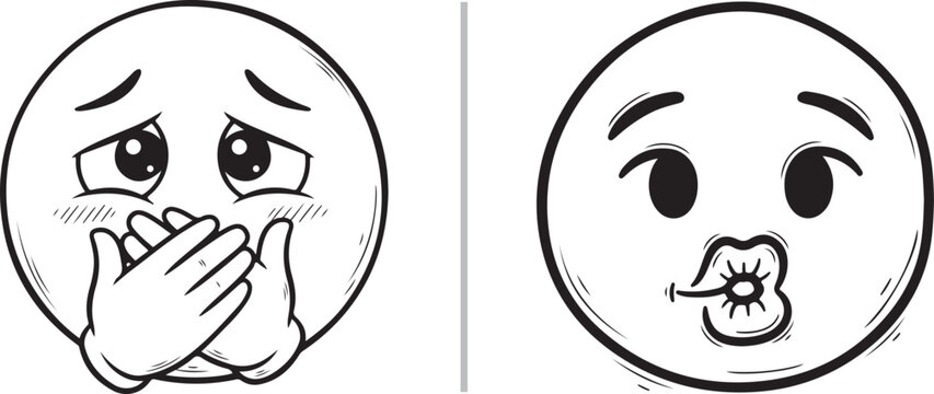 Set of two cartoon emoji faces in black and white line art style showing embarrassed and whistling expressions