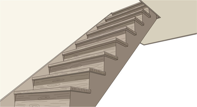 An illustration of a simple wooden staircase ascending upwards inside a building.