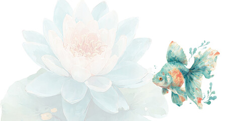 Fototapeta premium Elegant Japanese watercolor background with goldfish swimming by a water lily, patina blue tones, copy space for note header
