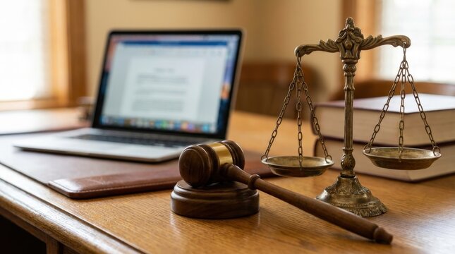 Law Office Workspace With Gavel Scales And Laptop.