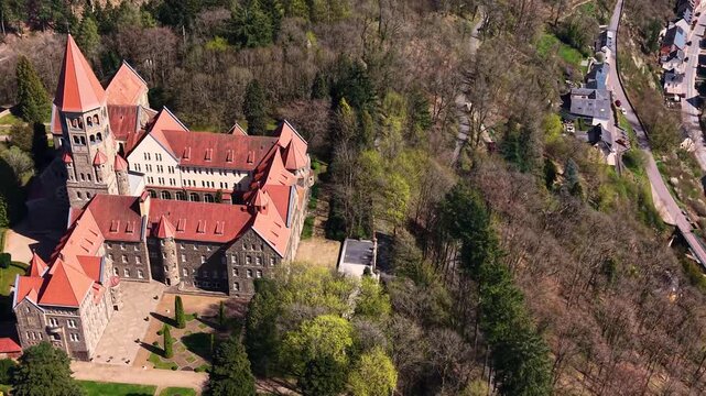 A panoramic Aerial view of the city and castle  Clervaux in Luxembourg, on a sunny spring noon