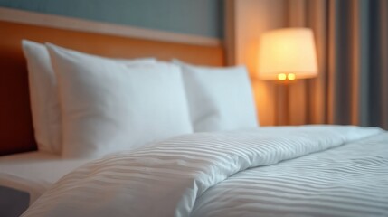 Fototapeta premium Luxurious Hotel Bedroom with White Bedding and Soft Lighting for Relaxation and Comfort