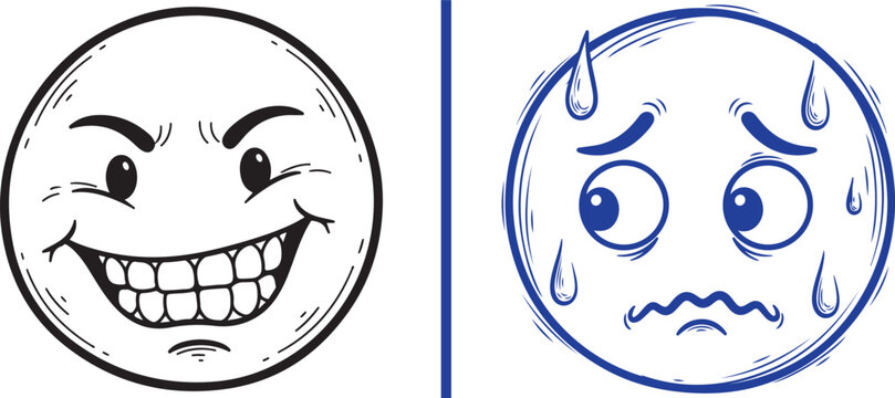 Vector illustration of two contrasting hand-drawn faces showing mischievous grin and nervous sweating expressions