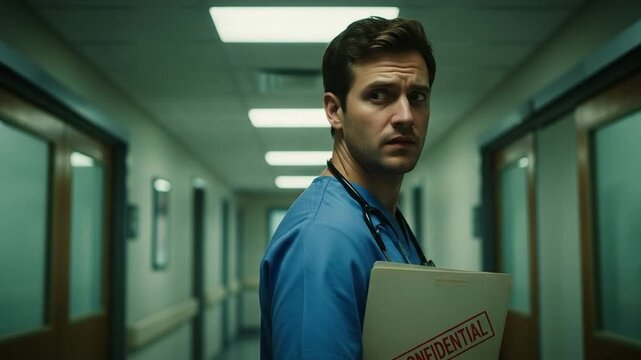 Young male doctor holding confidential file looking suspicious in hospital hallway whistleblower concept