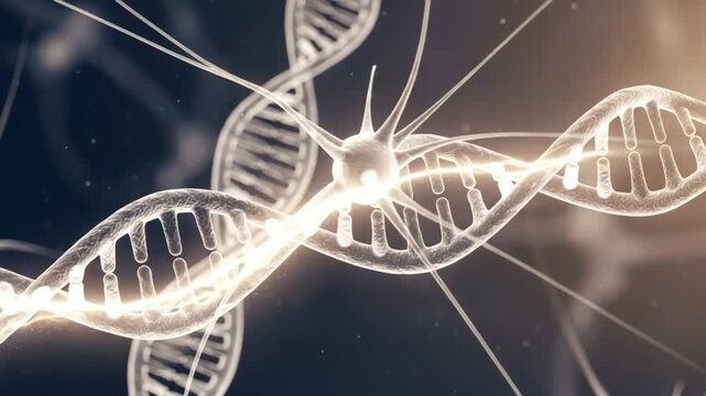 Neurogenetics concept with DNA double helix and glowing neuron cell for medical research
