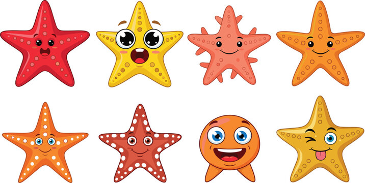 Cartoon Starfish Character Set with Different Faces and Expressions for Kids, Ocean Life, and Graphic Design Projects